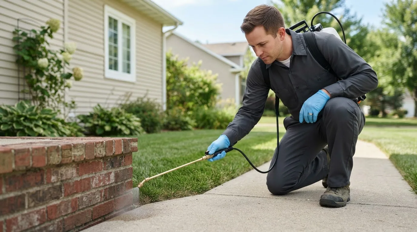 Pest control technician treating a home near Rossville, KS