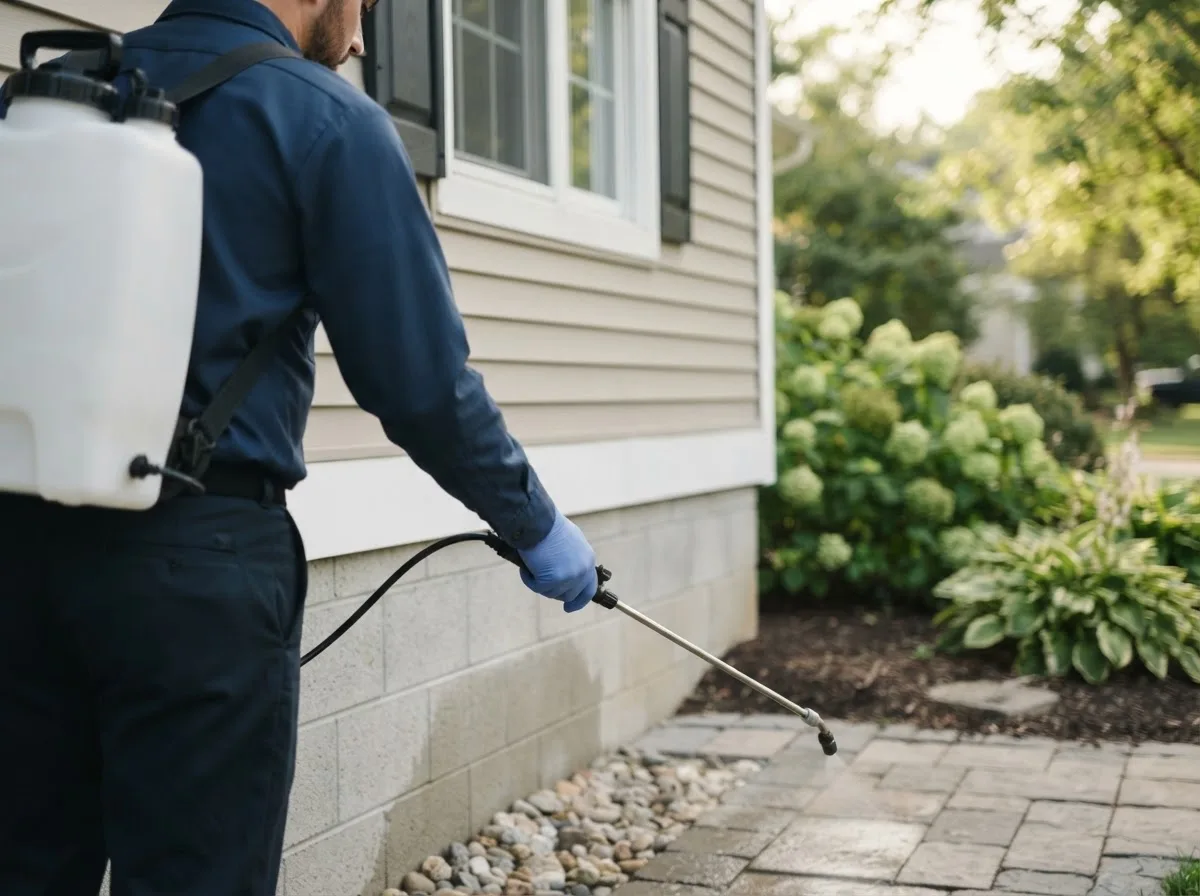 Pest control technician inspecting a home in Rossville, KS